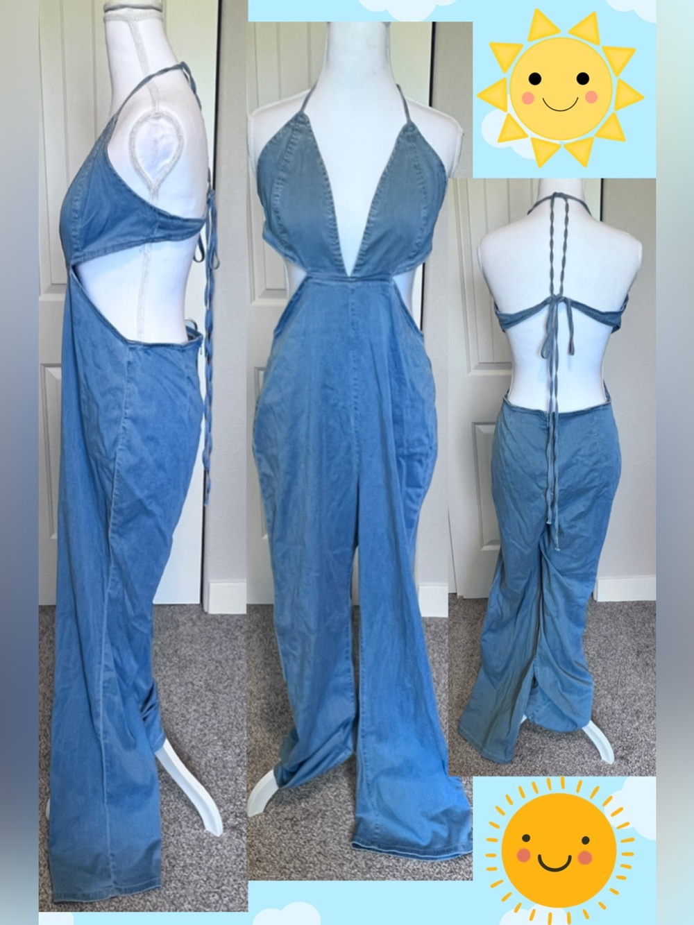 Fashion Nova Light Blue Denim Halter Jumpsuit Sz XL